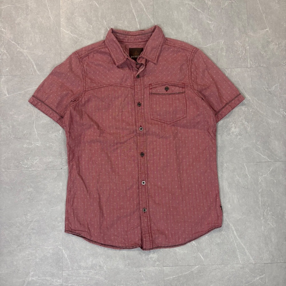 Prana Mens Short Sleeve Button Down Shirt Red Striped Geometric Size Small